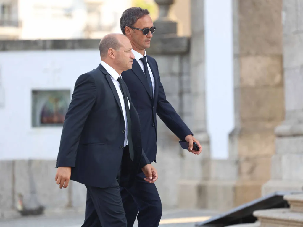 Diogo Jota temetése, DiogoJotatemetése, DiogoJota, temetés, 2025.07.05. Former football player of Portugal Ricardo Carvalho (R) arrives for the funerals of Liverpool's Portuguese forward Diogo Jota and his brother Andre Silva at the Mother Church of Gondo