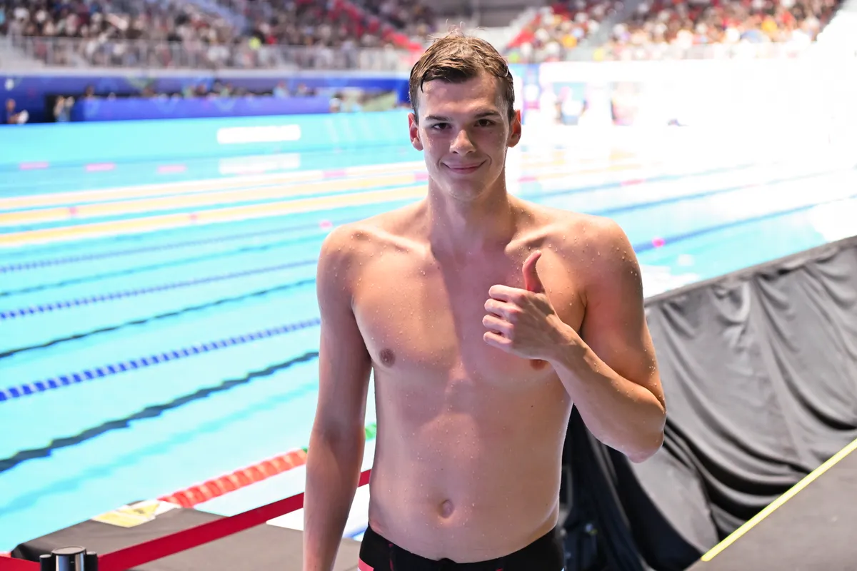 Szingapúr, 2025. július 28.
Kós Hubert a férfi 100 méteres hátúszás középdöntője után a szingapúri vizes világbajnokságon a World Aquatics Arénában 2025. július 28-án.
MTI/Illyés Tibor