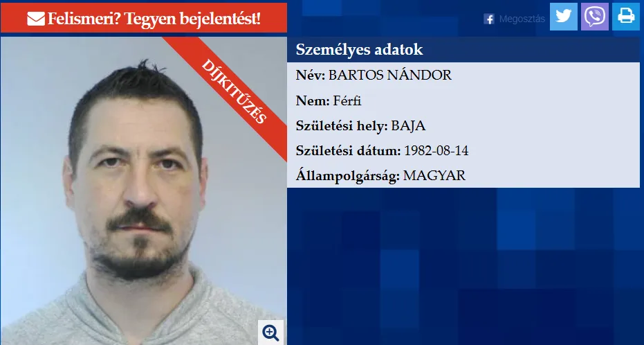 Körözés: Bartos Nándort embercsempészés miatt keresi a hatóság, kétmillió forint ütheti a markát annak, aki értesíti a rendőrséget a férfi hollétéről.