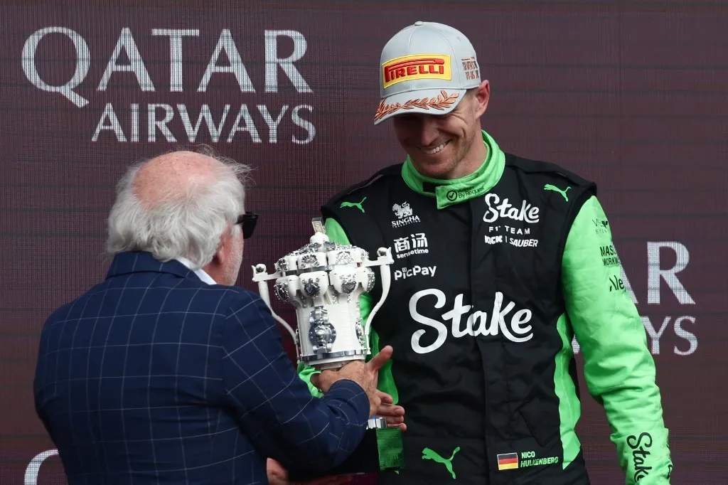 David Richards and Nico Hülkenberg of Kick Sauber after the Formula 1 British Grand Prix at Silverstone Circuit in Northampton, Great Britain on July 6, 2025. (Photo by Jakub Porzycki/NurPhoto) (Photo by Jakub Porzycki / NurPhoto via AFP)