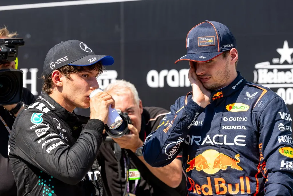 Andrea Kimi Antonelli of Italy drives the (12) Mercedes-AMG Petronas F1 Team F1 W16 E Performance Mercedes, and Max Verstappen of the Netherlands drives the (1) Oracle Red Bull Racing RB21 Honda RBPT during the Formula 1 Pirelli Grand Prix Du Canada in Montreal, Canada, on June 15, 2025. (Photo by Stefano Facchin/Alessio Morgese /NurPhoto) (Photo by Alessio Morgese / NurPhoto via AFP)