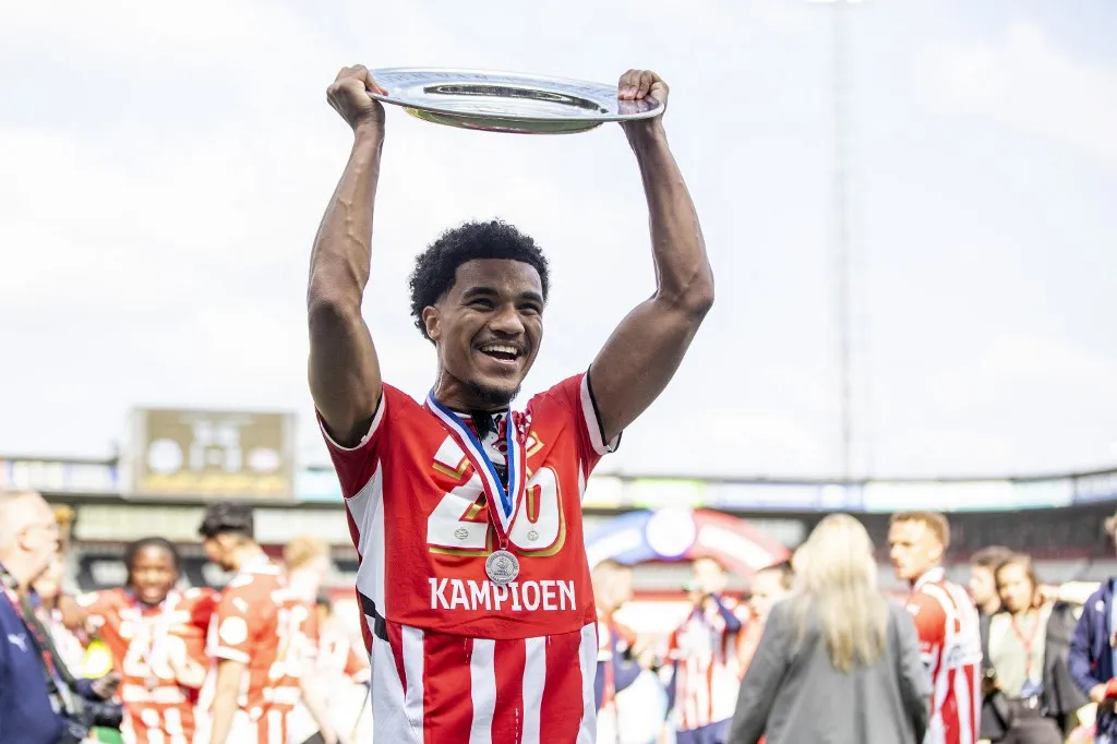 Leverkusen PSV player Malik Tillman celebrates the victory after the game Sparta - PSV at the Sparta Stadium 'Het Kasteel' for the Eredivisie season 2024-2025 in Rotterdam, Netherlands, on May 18, 2025. (Photo by Thomas Bakker / EYE4images) (Photo by Thomas Bakker / NurPhoto via AFP)