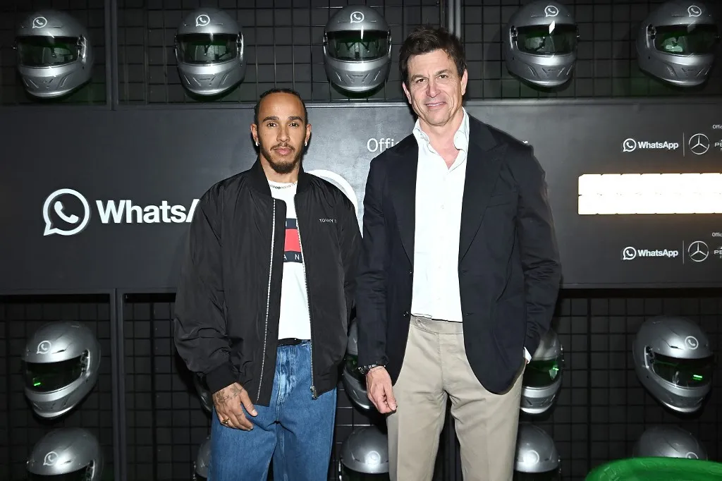 NEW YORK, NEW YORK - APRIL 29: Lewis Hamilton and Toto Wolff attend WhatsApp & Mercedes-AMG PETRONAS F1 Empire State Building Viewing Party on April 29, 2024 at Virgin Hotels in New York City.   Steven Ferdman/Getty Images/AFP (Photo by Steven Ferdman / GETTY IMAGES NORTH AMERICA / Getty Images via AFP)