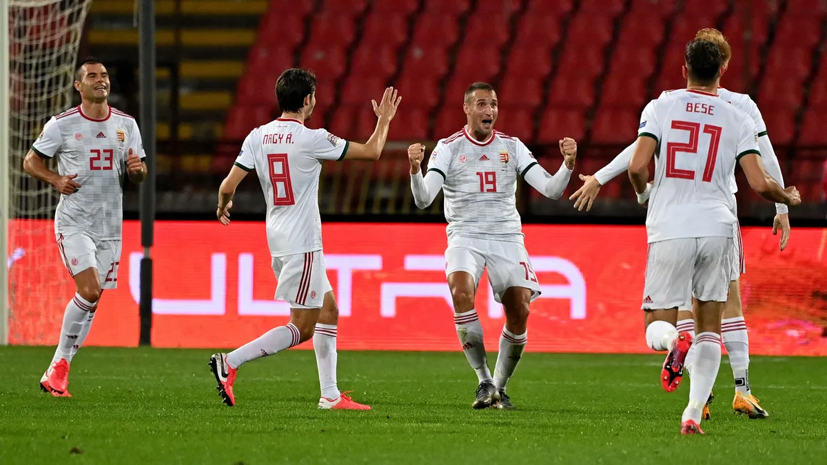 válogatott, Hungary's forward Norbert Konyves (C-R) reacts after scoring a goal during the UEFA Nations League league B group 3 football match between Serbia and Hungary at Belgrade's Rajko Mitic stadium on October 11, 2020. (Photo by ANDREJ ISAKOVIC / AFP)