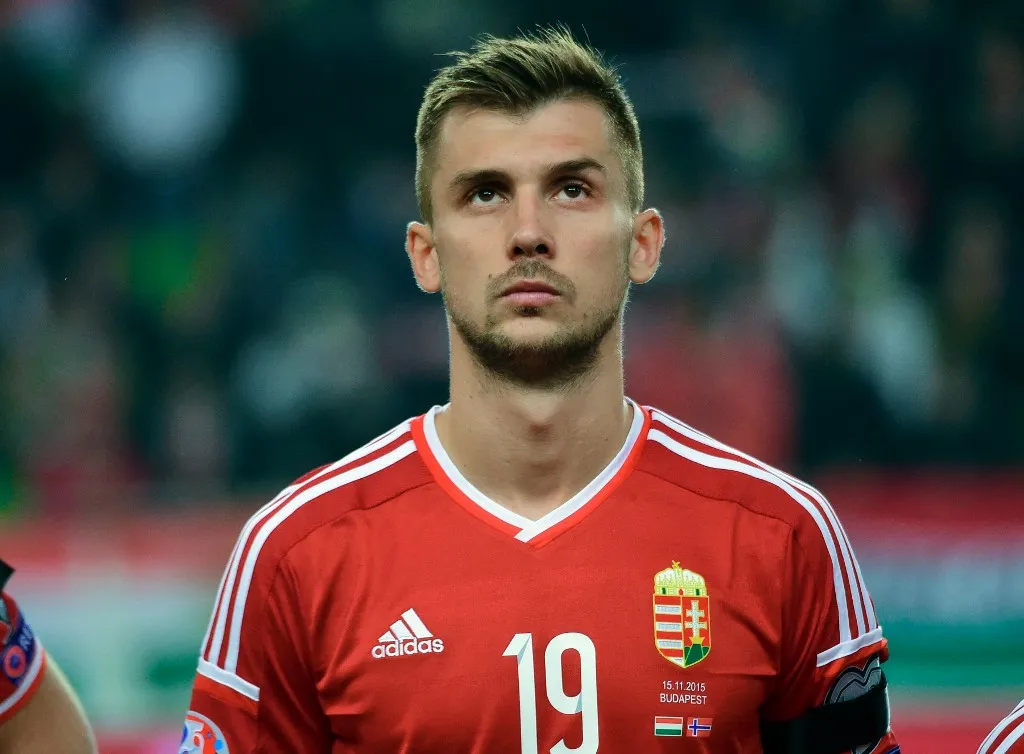 Hungary's forward Tamás Priskin is pictured prior to the Euro 2016 play-off football match between Hungary and Norway at the Grupama Arena in Budapest on November 15, 2015. (Photo by ATTILA KISBENEDEK / AFP)