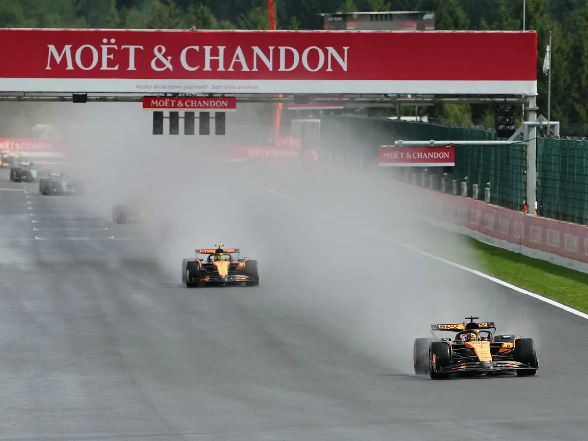 McLaren's Australian driver Oscar Piastri drives ahead of McLaren's British driver Lando Norris during the Formula One Belgian Grand Prix at the Spa-Francorchamps circuit in Spa, on July 27, 2025. (Photo by Dimitar DILKOFF / AFP)