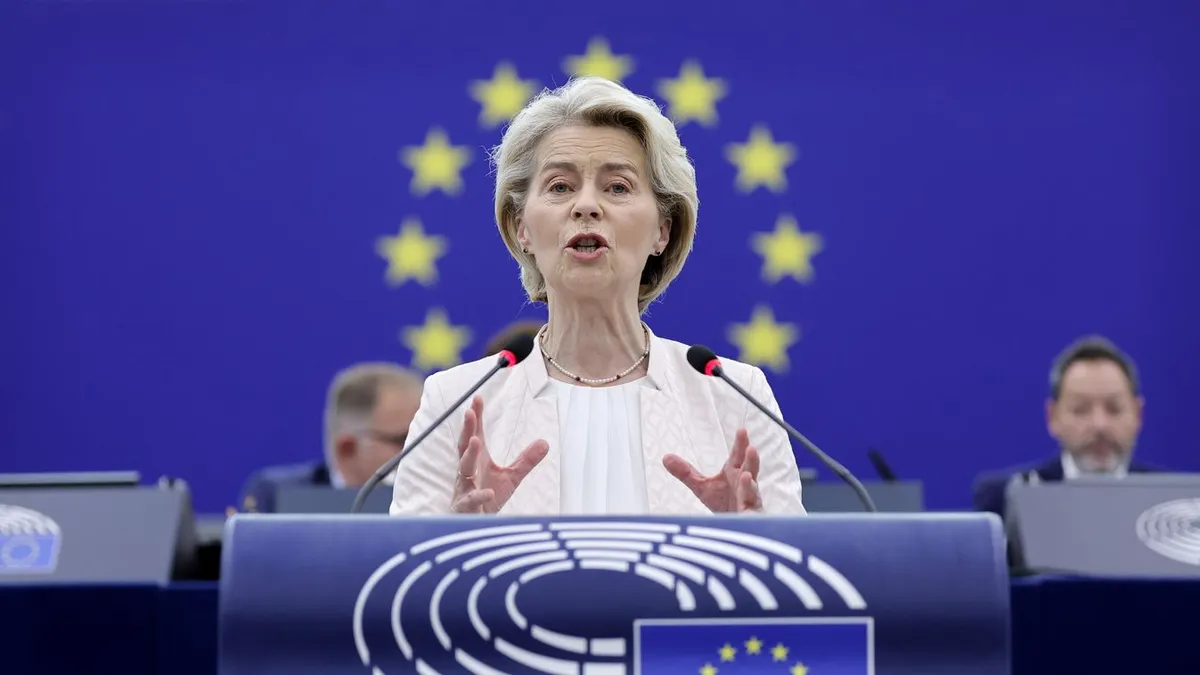 Strasbourg, 2024. július 18. Ursula von der Leyen, az Európai Bizottságnak az Európai Néppárt (EPP) által újraválasztásra jelölt eddigi elnöke a választás elõtt a Európai Parlament plenáris ülésén Strasbourgban 2024. július 18-án. MTI/EPA/Ronald Wittek Fotó: Ronald Wittek