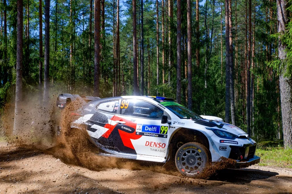 Driver Oliver Solberg and co-driver James Fulton of the team Toyota Gazoo Racing WRT, Toyota GR Yaris Rally1, face the second day of the race during the FIA World Rally Championship WRC Delfi Rally Estonia in Tartu, Estonia, on July 18, 2025. (Photo by Luca Barsali/NurPhoto) (Photo by Luca Barsali / NurPhoto via AFP)
