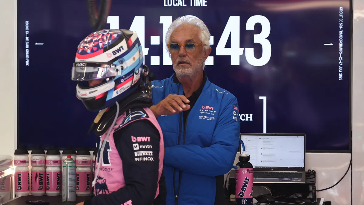 Forma-1, Franco Colapinto of Alpine and Flavio Briatore ahead of the Formula 1 Belgian Grand Prix at Spa-Francorchamps in Spa, Belgium on July 27, 2025. (Photo by Jakub Porzycki/NurPhoto) (Photo by Jakub Porzycki / NurPhoto via AFP)