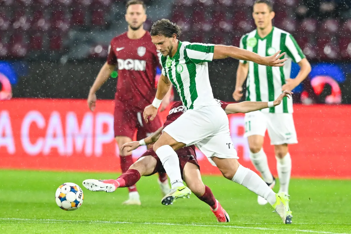Balint Vecsei plays during the match between CFR 1907 Cluj (ROU) and Paksi FC (HUN) in Cluj-Napoca, Romania, on July 17, 2025, at the Dr Constantin Radulescu Stadium. (Photo by Flaviu Buboi/NurPhoto) (Photo by Flaviu Buboi / NurPhoto via AFP)