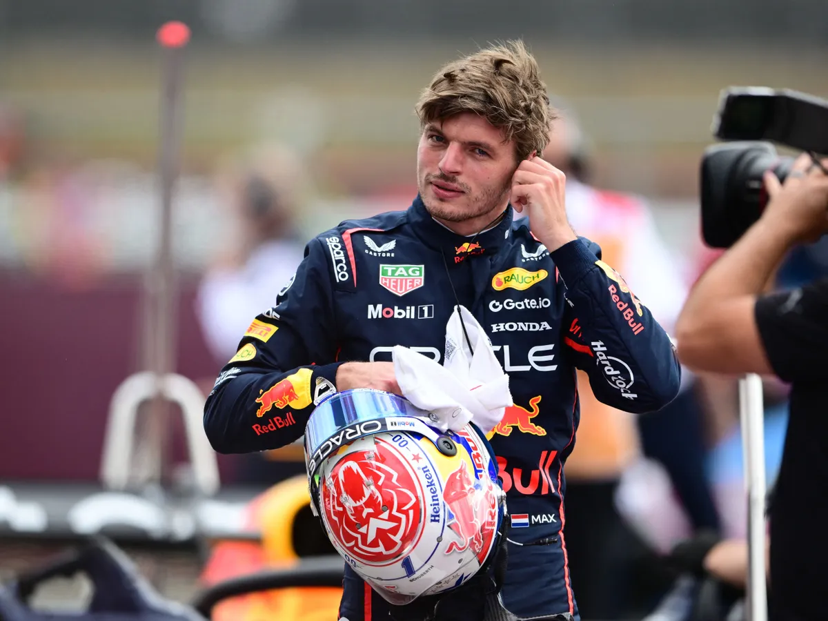 Max Verstappen of Red Bull Racing Honda celebrates after qualifying for the 13th round of the Formula 1 World Championship at Silverstone Circuit in Silverstone, Northamptonshire, England, on July 5, 2025. (Photo by Andrea Diodato/NurPhoto) (Photo by Andrea Diodato / NurPhoto via AFP)