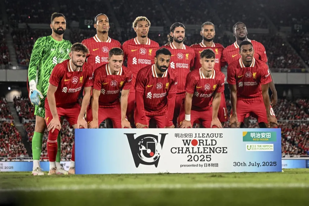 szoboszlai dominik Liverpool players pose for photographs prior to the friendly football match between English Premier League's Liverpool and Japan's J-League team Yokohama F. Marinos in Yokohama on July 30, 2025. (Photo by Yuichi YAMAZAKI / AFP)
