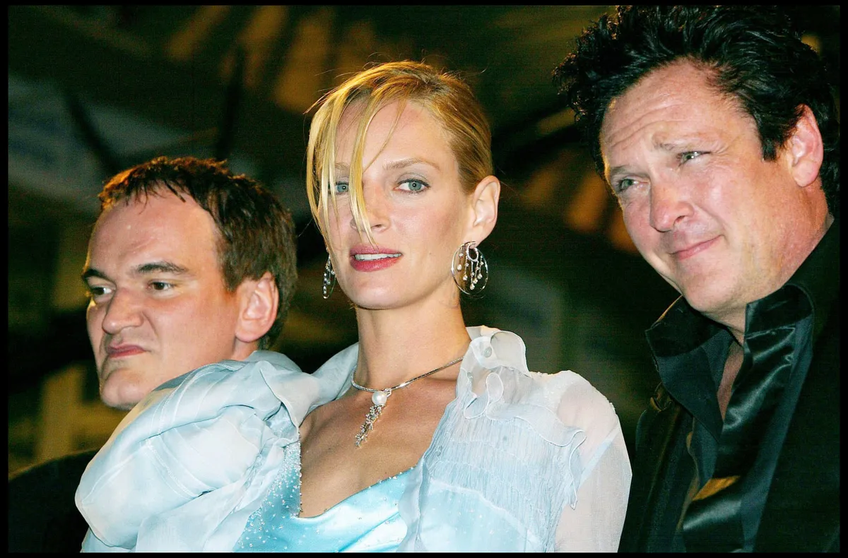 "QUENTIN TARANTINO" "UMA THURMAN" "MICHAEL MADSEN" SORTIE DE LA PROJECTION DU FILM "KILL BILL VOL 2" AU 57EME FESTIVAL DU FILM CANNES 2004 "PLAN SERRE" FEMININ HOMME ACTEUR ACTRICE REALISATEUR