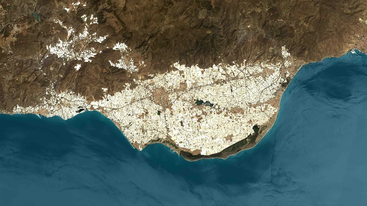 Color satellite image of intensive farming in Almeria, Spain in 2022. The image shows the "plastic sea" formed by greenhouses. (Photo by: Planet Observer/Universal Images Group via Getty Images)