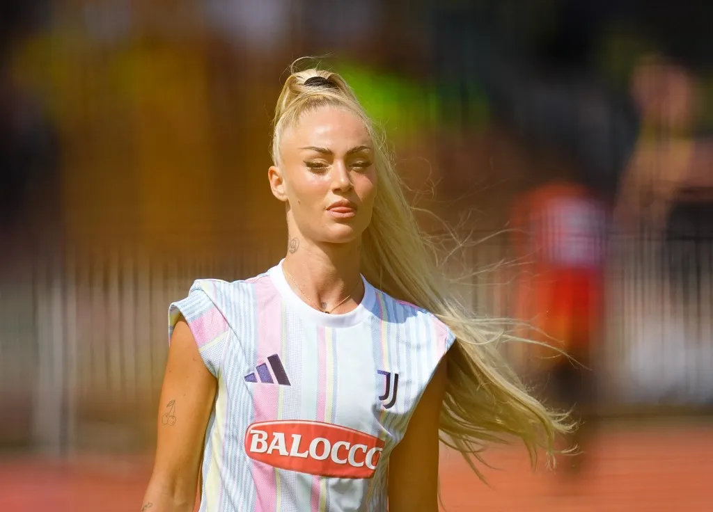Alisha Lehmann (Juventus FC Women)  looks on during the preseason friendly match between Borussia Dortmund and Juventus at Rote Erde, Dortmund, Germany on August 10, 2025. (Photo by Ulrik Pedersen/NurPhoto) (Photo by Ulrik Pedersen / NurPhoto via AFP)