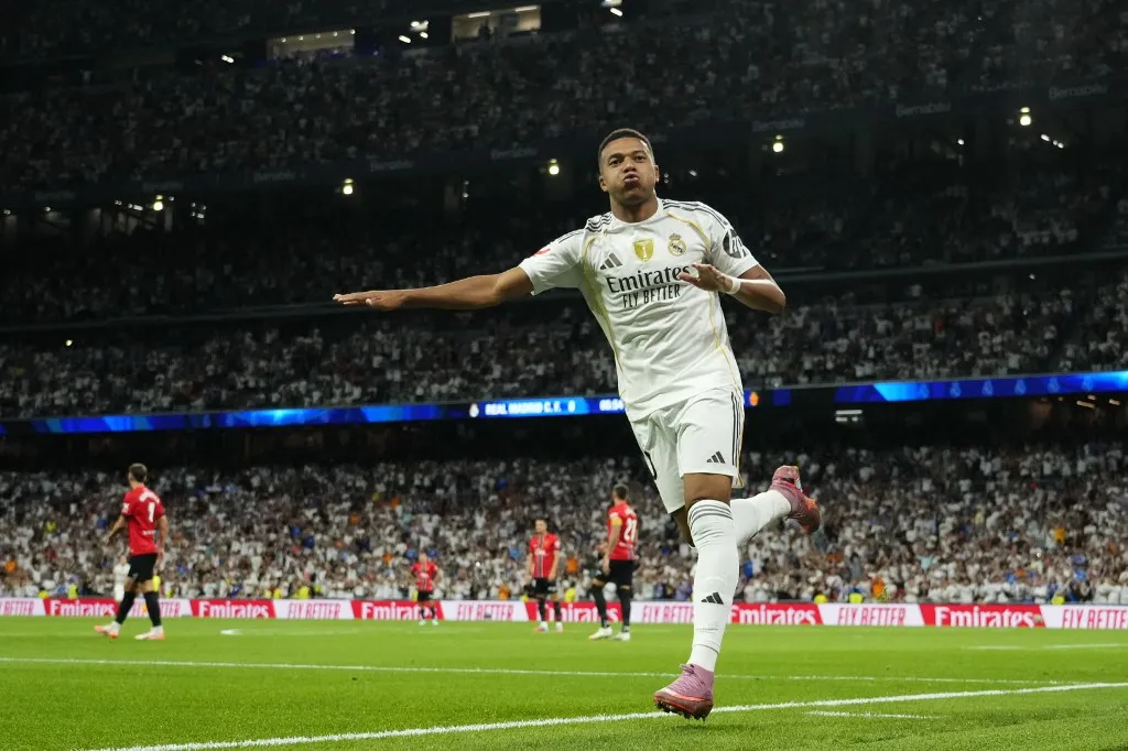 Kylian Mbappe centre-forward of Real Madrid and France celebrates after scoring his sides first goal after disallowed during the LaLiga EA Sports match between Real Madrid CF and RCD Mallorca at Estadio Santiago Bernabeu on August 30, 2025 in Madrid, Spain. (Photo by Jose Breton/Pics Action/NurPhoto) (Photo by Jose Breton / NurPhoto via AFP)