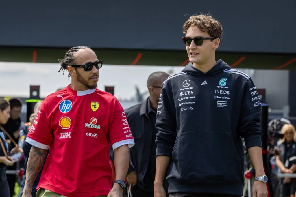 Lewis Hamilton and George Russell participate in the Formula 1 Pirelli Grand Prix Du Canada in Montreal, Canada, on June 13, 2025. (Photo by Alessio Morgese/NurPhoto) (Photo by Alessio Morgese / NurPhoto via AFP)