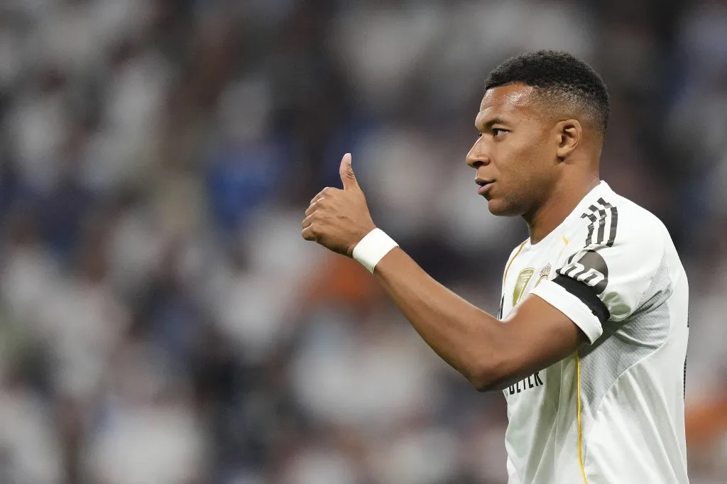 Kylian Mbappe centre-forward of Real Madrid and France reacts during the La Liga EA Sports match between Real Madrid CF and CA Osasuna at Estadio Santiago Bernabeu on August 19, 2025 in Madrid, Spain. (Photo by Jose Breton/Pics Action/NurPhoto) (Photo by Jose Breton / NurPhoto via AFP)