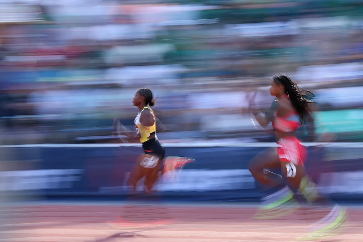 EUGENE, OREGON - AUGUST 02: Melissa Jefferson-Wooden competes in the Nike Women's 100m semi-final during the 2025 USATF Outdoor Championships at Hayward Field on August 01, 2025 in Eugene, Oregon.   Emilee Chinn/Getty Images/AFP (Photo by Christian Petersen / GETTY IMAGES NORTH AMERICA / Getty Images via AFP)
