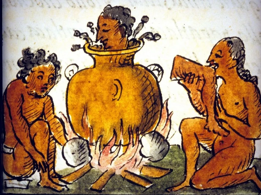 kannibalizmus Cannibalisme rituel chez les Aztèques. Manuscrit de Bernardino de Sahagun. 17ème siècle. Détail de la COS00778. (Photo by Costa / leemage / Bridgeman Images via AFP)