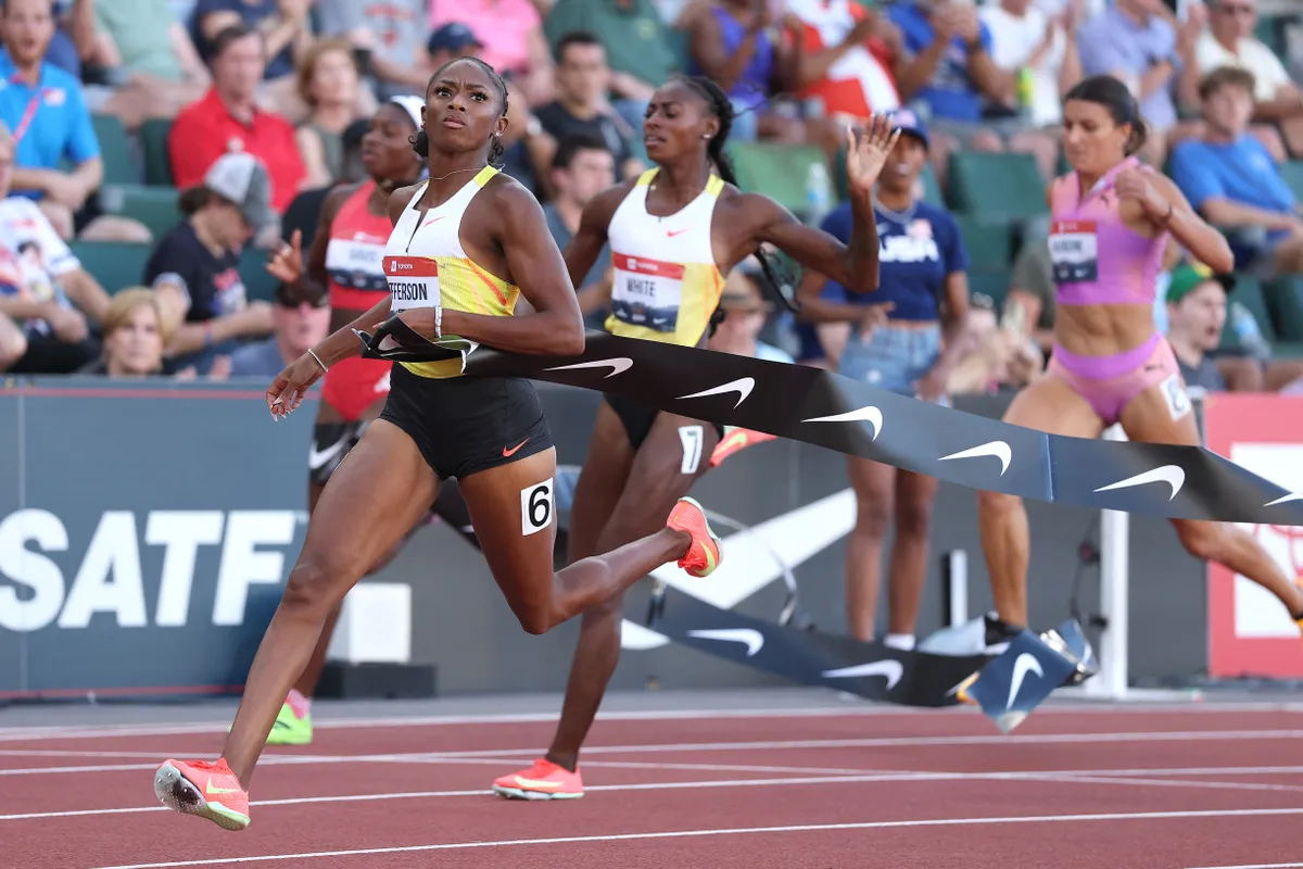 EUGENE, OREGON - AUGUST 01: Melissa Jefferson-Wooden (L) wins the gold medal, Kayla White (C) wins the silver medal, and Jenna Prandini (R) places eighth in the Nike Women's 100m final during the 2025 USATF Outdoor Championships at Hayward Field on August 01, 2025 in Eugene, Oregon.   Christian Petersen/Getty Images/AFP (Photo by Christian Petersen / GETTY IMAGES NORTH AMERICA / Getty Images via AFP)