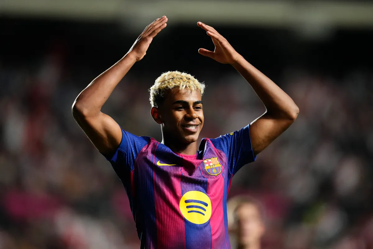 Lamine Yamal, Barcelona right winger of Barcelona and Spain celebrates after scoring his sides first goal during the La Liga EA Sports match between Rayo Vallecano de Madrid and FC Barcelona at Estadio de Vallecas on August 31, 2025 in Madrid, Spain. (Photo by Jose Breton/Pics Action/NurPhoto) (Photo by Jose Breton / NurPhoto via AFP)
