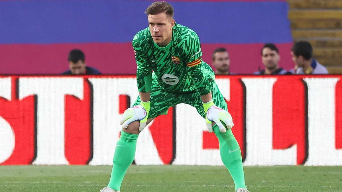 Marc-Andre ter Stegen plays during the match between FC Barcelona and Villarreal CF, corresponding to week 37 of LaLiga EA Sports, at the Olympic Stadium Lluis Companys, in Barcelona, Spain, on May 18, 2025. (Photo by Joan Valls/Urbanandsport/NurPhoto) (Photo by Urbanandsport / NurPhoto via AFP)