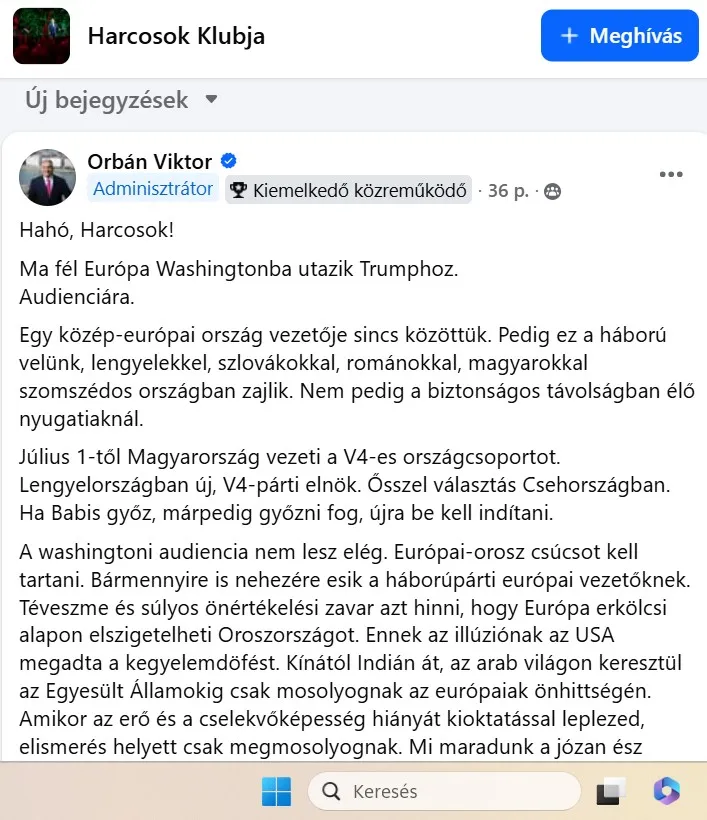 Hirmagazin,Hirmagazin.eu,Hirmagazin.eu Online Média,Hirmagazin az én médiám,Orbán Viktor,Harcosok Klubja,béketárgyalás,háborúpárti vezetők,Donald Trump,Washington,frontvonal,Közép-Európa,európai vezetők,európai–orosz csúcs,háborús politika,fejlesztési forradalom,magyar miniszterelnök,béke,európai unió,háború Ukrajnában