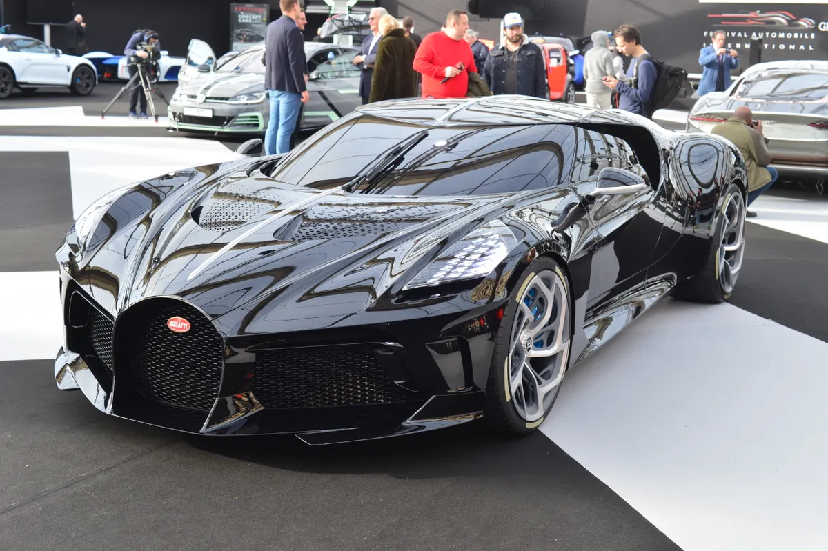 At the Paris Festival Automobile International with Concept Cars and Automotive Design Exhibition, BUGATTI  exhibits its model BUGATTI  LA VOITURE NOIRE  January 29, 2020, Paris (Photo by Daniel Pier/NurPhoto) (Photo by Daniel Pier / NurPhoto via AFP)