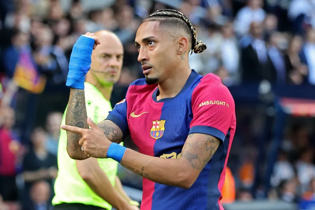 Raphinha Dias celebrates during the match between FC Barcelona and Real Madrid CF, corresponding to week 35 of LaLiga EA Sports, played at the Lluis Companys Stadium in Barcelona, Spain, on May 11, 2025. (Photo by Joan Valls/Urbanandsport/NurPhoto) (Photo by Urbanandsport / NurPhoto via AFP)
