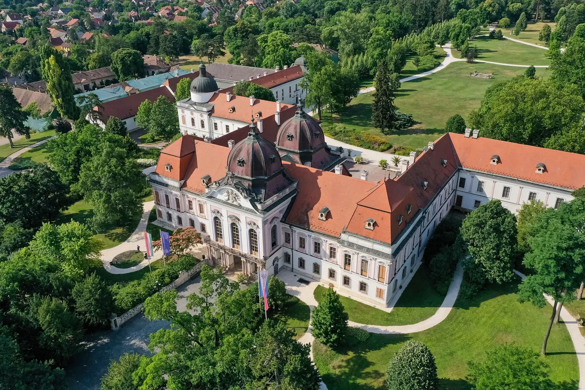Aerial photo of the Gödöllő Royal Castle. The palace is the favorite summer residence of the Habsburg princess, Empress of Austria and Queen Elizabeth Sissi of Hungary. Hungary Godollo.