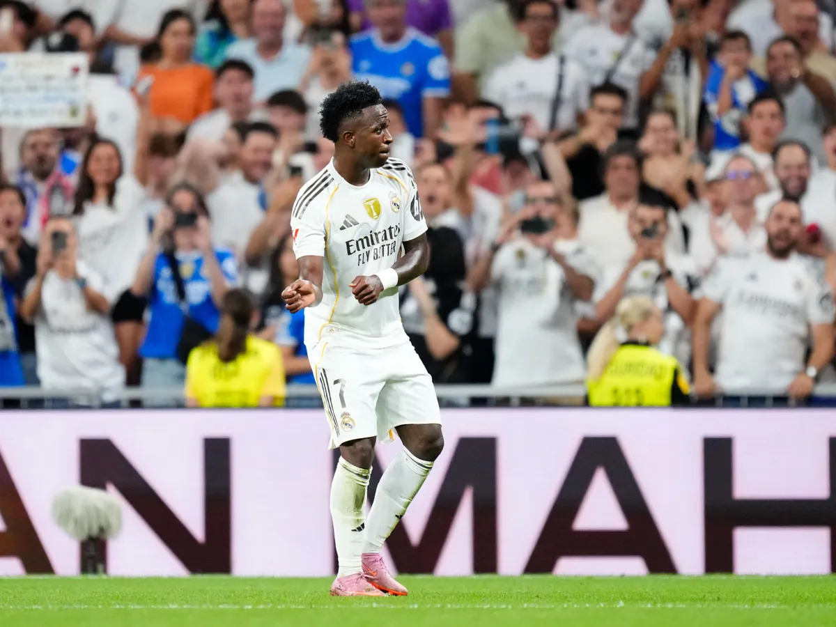 Vinicius Junior left winger of Real Madrid and Brazil celebrates after scoring his sides first goal during the LaLiga EA Sports match between Real Madrid CF and RCD Mallorca at Estadio Santiago Bernabeu on August 30, 2025 in Madrid, Spain. (Photo by Jose Breton/Pics Action/NurPhoto) (Photo by Jose Breton / NurPhoto via AFP)