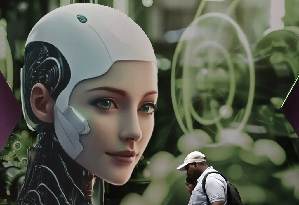 mesterséges intelligencia hatása az egészségügyre, A man talks on his phone and walks past a display featuring a humanoid robot illustration at Automation Expo 2025 in Mumbai, India, on August 12, 2025. AI and robotics adoption in India accelerates as Trump-era tariffs prompt multinational firms to explore alternative manufacturing bases. (Photo by Indranil Aditya/NurPhoto) (Photo by Indranil Aditya / NurPhoto via AFP)