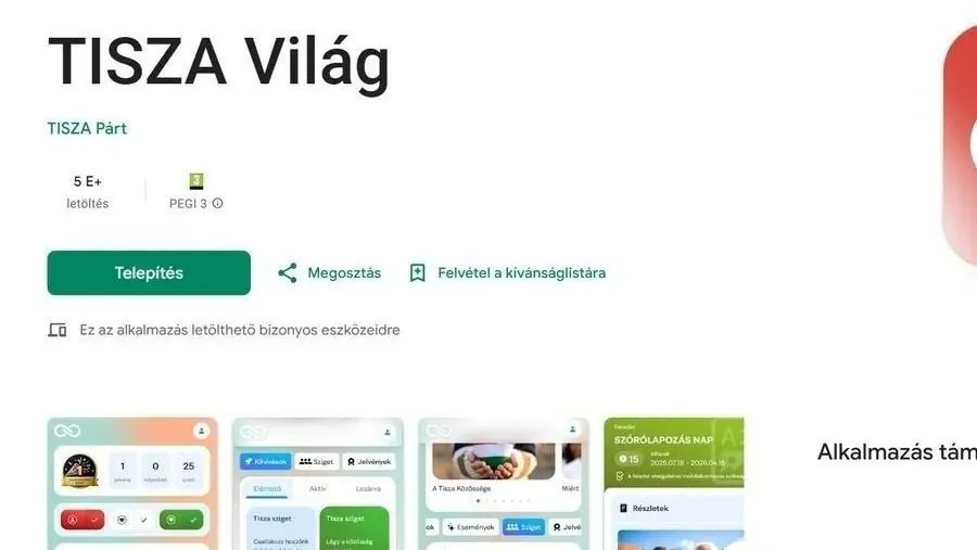 Fokozódik a Tisza botrány: komoly adatbiztonsági és jogi aggályokat vet fel a Tisza Párt „Tisza Világ” néven indított mobilalkalmazása Forrás: Google Play Fotó: Google Play