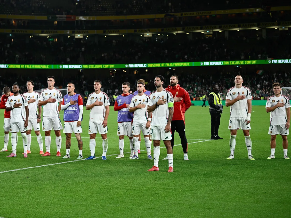 Dublin, 2025. szeptember 6.
A magyar csapat tagjai az Írország-Magyarország labdarúgó világbajnoki selejtező mérkőzés után a dublini Aviva Stadionban 2025. szeptember 6-án. A találkozó 2-2-es döntetlennel zárult.
MTI/Bodnár Boglárka