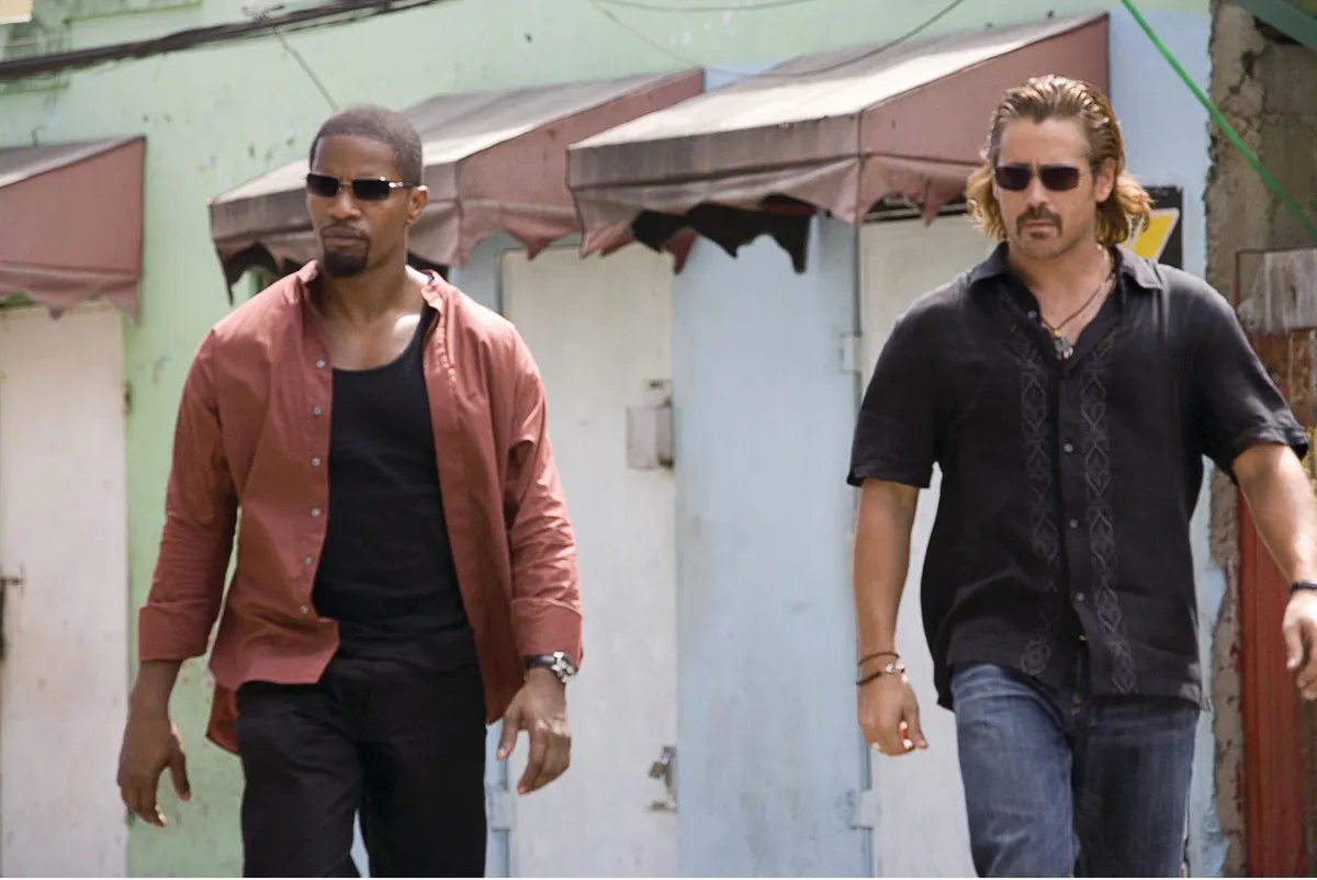 JAMIE FOXX as Detective Ricardo Tubbs and COLIN FARRELL as Detective Sonny Crockett in ?Miami Vice?, the feature film crime drama that liberates what is adult, dangerous and alluring about working deeply undercover.  ?Miami Vice? opens on July 28, 2006.