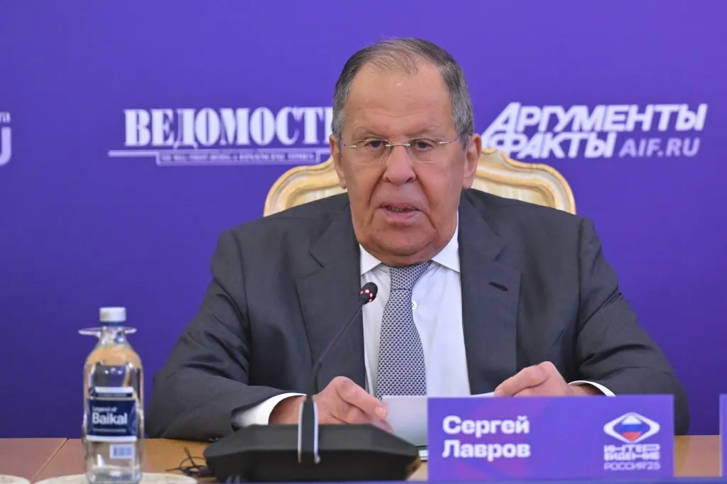MOSCOW, RUSSIA - SEPTEMBER 16: Russian Foreign Minister Sergey Lavrov speaks during a press conference ahead of the Intervision contest, an international song contest prepared as an alternative to “Eurovision', in Moscow, Russia on September 16, 2025. Sefa Karacan / Anadolu (Photo by SEFA KARACAN / Anadolu via AFP)
