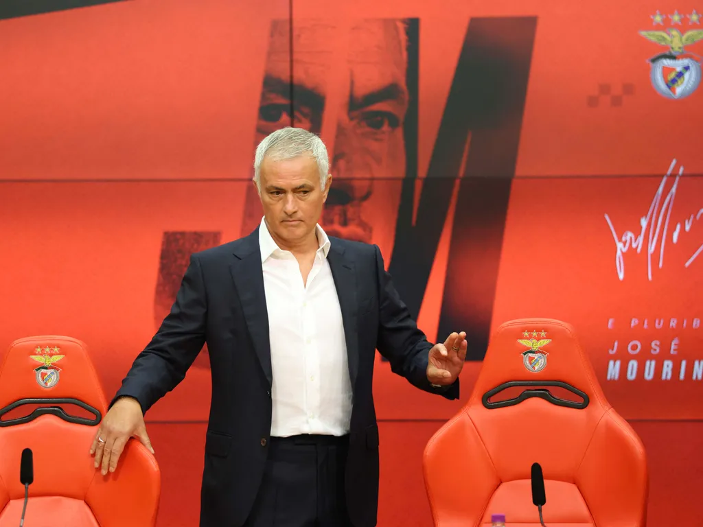 JoséMourinho, JoséMourinhokarrier, José Mourinho, José Mourinho karrier, Portuguese coach Jose Mourinho attends a press conference during his official presentation as new Benfica coach at the Benfica Campus training center in Seixal, on the outskirts of
