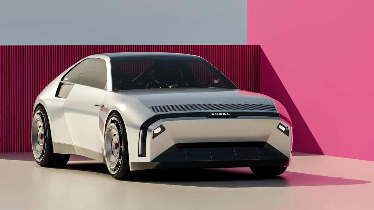 Számítógépes grafika a klasszikus kupé által ihletett modern Skoda sportkocsiról.