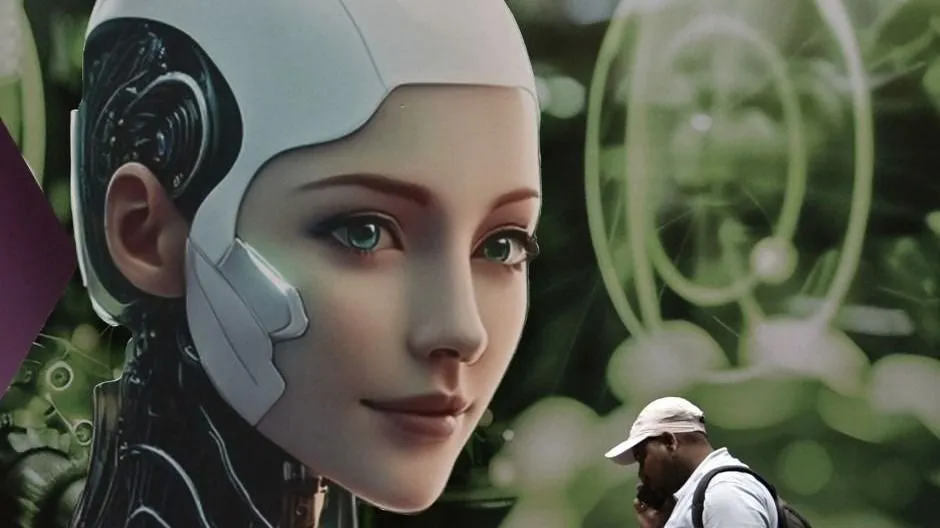mesterséges intelligencia kurzus, A man talks on his phone and walks past a display featuring a humanoid robot illustration at Automation Expo 2025 in Mumbai, India, on August 12, 2025. AI and robotics adoption in India accelerates as Trump-era tariffs prompt multinational firms to explore alternative manufacturing bases. (Photo by Indranil Aditya/NurPhoto) (Photo by Indranil Aditya / NurPhoto via AFP)