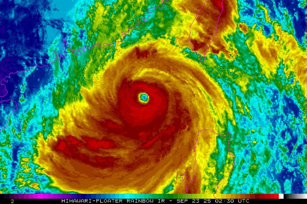 This handout from the US' National Oceanic and Atmospheric Administration (NOAA) taken and received on September 23, 2025 shows HIMAWARI satellite imagery of super typhoon Ragasa as it develops and nears Hong Kong and mainland China. Hong Kong shut schools and cancelled flights on September 23 as Super Typhoon Ragasa was set to slam into the financial centre with a force that officials warned would be among the most destructive in the city's recent history. The powerful storm posed a wide threat to lives and homes, prompting authorities in mainland China to order businesses and schools to shutdown in at least 10 cities across the nation's south. (Photo by Handout / National Oceanic and Atmospheric Administration National Environmental Satellite, Data, and Information Service (NOAA/NESDIS) / AFP) / RESTRICTED TO EDITORIAL USE - MANDATORY CREDIT "AFP PHOTO /National Oceanic and Atmospheric Administration" - HANDOUT - NO MARKETING NO ADVERTISING CAMPAIGNS - DISTRIBUTED AS A SERVICE TO CLIENTS