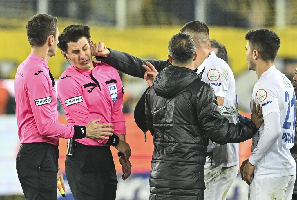 ANKARA, TURKIYE - DECEMBER 11: Faruk Koca, President of MKE Ankaragucu throws a punch to the referee Halil Umut Meler after the Turkish Super Lig week 15 soccer match between MKE Ankaragucu and Rizespor at Eryaman Stadium in Ankara, Turkiye on December 11, 2023. The match ended 1-1. Emin Sansar / Anadolu (Photo by Emin Sansar / Anadolu via AFP)