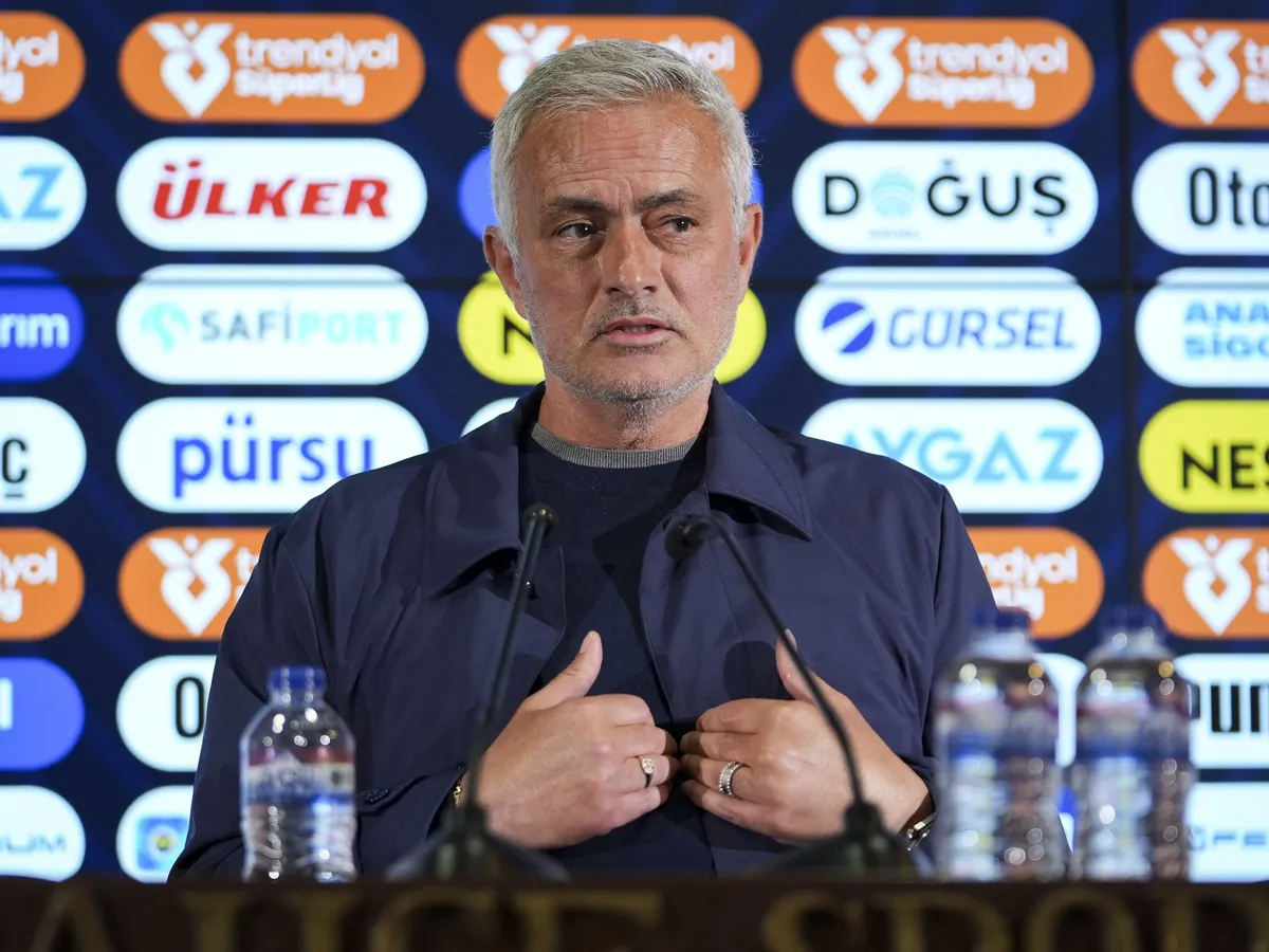 Mourinho, Jose Mourinho of Fenerbahce speaks during the press conference following the Turkish Super Lig week 36 football match between Fenerbahce and Ikas Eyupspor at Ulker Stadium in Istanbul, Turkiye, on May 18, 2025. Arife Karakum / Anadolu (Photo by Arife Karakum / Anadolu via AFP)
