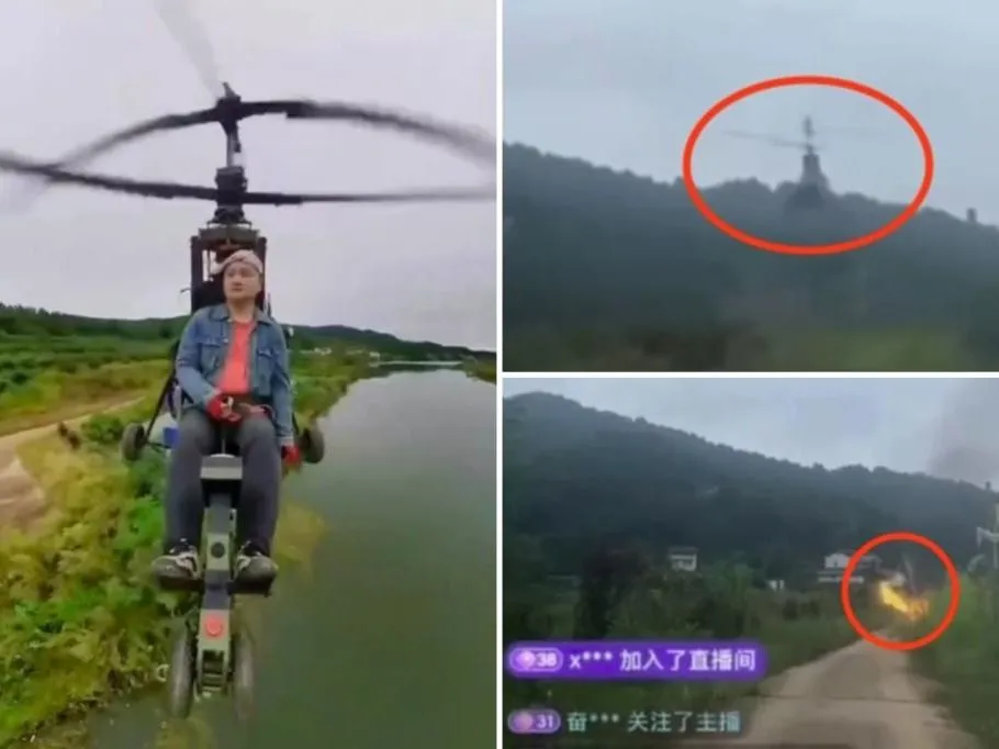 Tang Feiji élő adásban zuhant le, amikor ultrakönnyű repülője a földbe csapódott és lángokban tört ki.