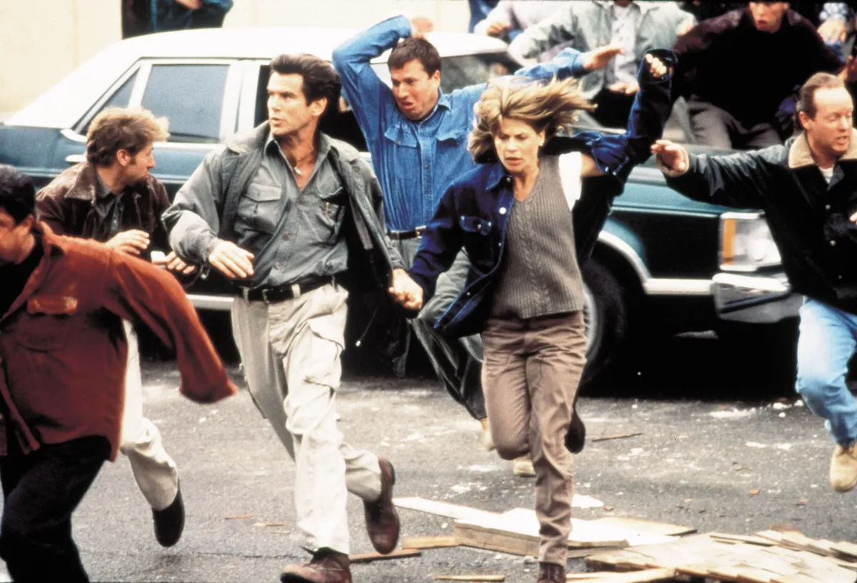 1997; Dante's Peak. Original Film Title: Dante's Peak, PICTURED: PIERCE BROSNAN, LINDA HAMILTON, Composer: John Frizzell, Director: Roger Donaldson, IN CAST: Pierce Brosnan, Linda Hamilton, Jeremy Foley, Jamie Renee Smith, Charles Hallahan, Grant Heslov, Elizabeth Hoffman, Arabella Field, Tzi Ma, Brian Reddy, Kirk Trutner