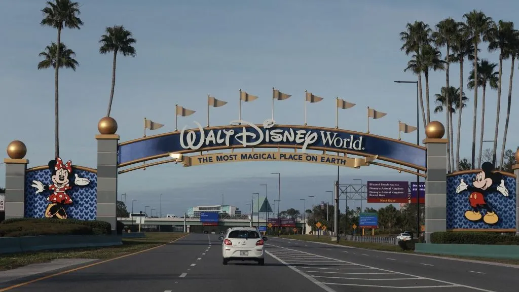 ORLANDO, FLORIDA - FEBRUARY 01: A sign welcomes visitors near an entrance to Walt Disney World on February 01, 2024, in Orlando, Florida. A federal judge has dismissed a lawsuit against Florida Gov. Ron DeSantis, which Walt Disney Co. said it will be appealing its loss in a lawsuit. The case revolves around the Governor taking over Disney's special governing district after Disney opposed Florida legislation that critics have dubbed Dont Say Gay.   Joe Raedle/Getty Images/AFP (Photo by JOE RAEDLE / GETTY IMAGES NORTH AMERICA / Getty Images via AFP)