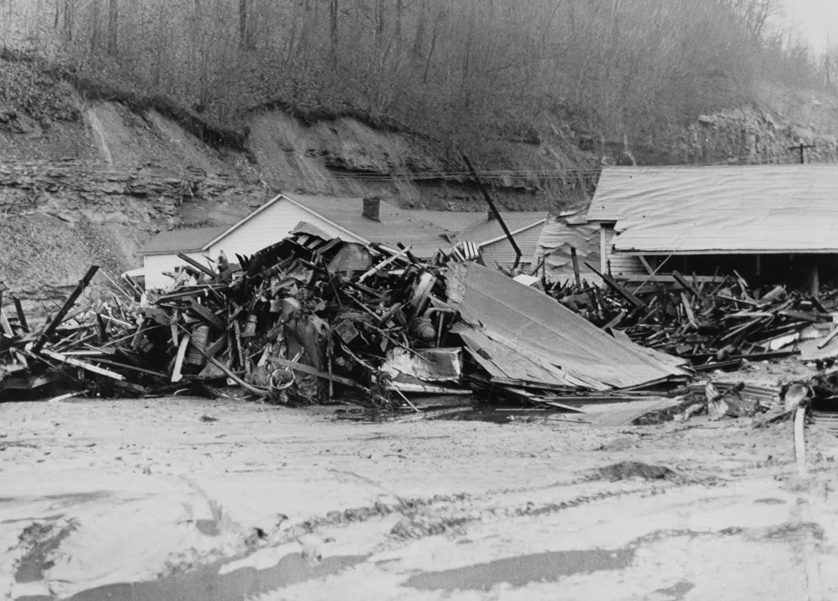 This was the scene along Buffalo Creek at this tiny Logan County mining town after a wall of water swept down the hollow after a mine slag dam gave way. The death toll is guessed at 80-90 or more. (Photo by Bettmann Archive/Getty Images)