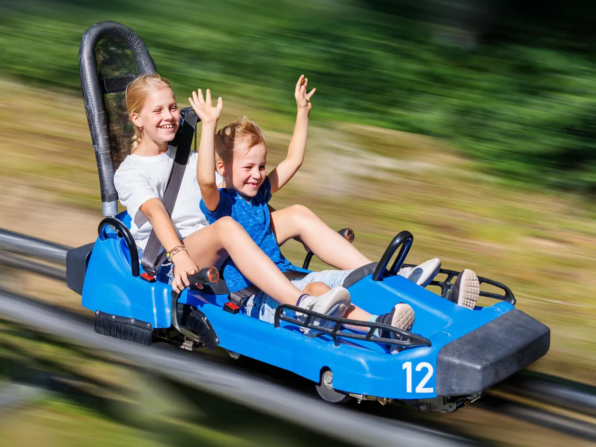 Pair of cute laughing kids enjoy have fun riding alpine roller coaster cart together at Harz nature park on sunny holidays summer day. Children summer outdoors travel active sports adventure
