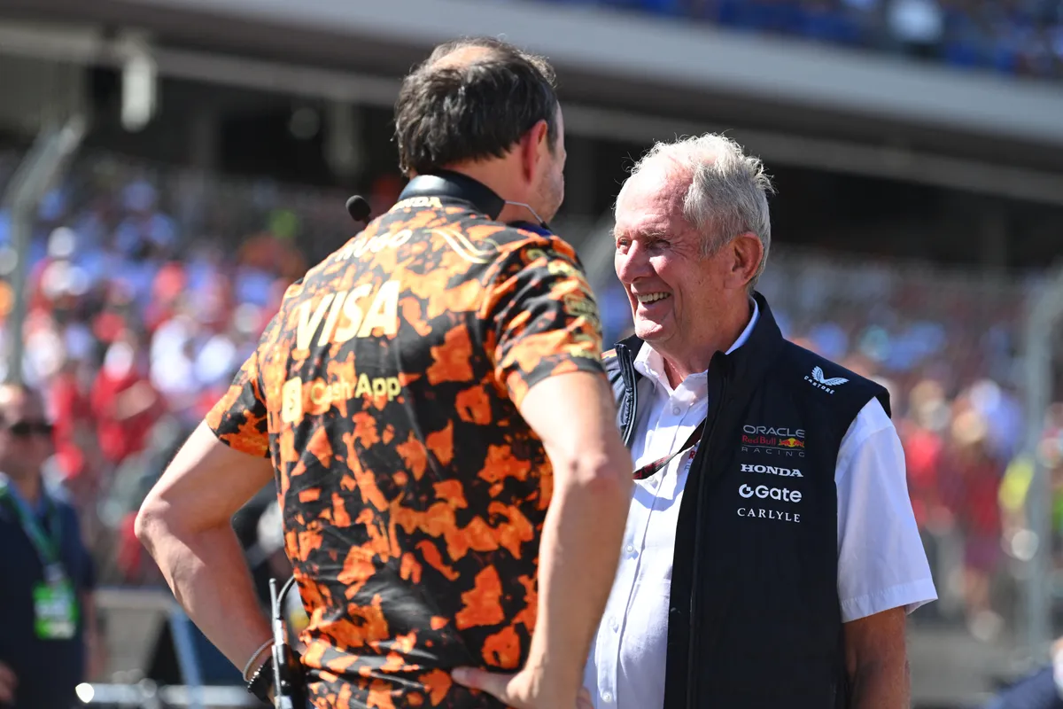 AUSTIN, TEXAS - OCTOBER 19: Peter Bayer, CEO of Visa Cash App Racing Bulls and Dr Helmut Marko, Team Consultant of Oracle Red Bull Racing talk on the grid during the F1 Grand Prix of United States at Circuit of The Americas on October 19, 2025 in Austin, Texas. Rudy Carezzevoli/Getty Images/AFP (Photo by Rudy Carezzevoli / GETTY IMAGES NORTH AMERICA / Getty Images via AFP)