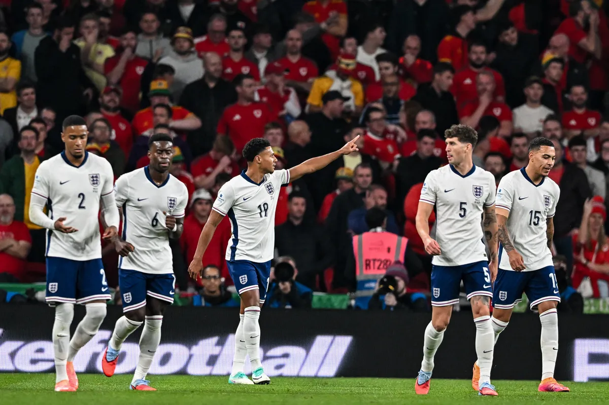 Ollie Watkins, 19, from England, gestures to the crowd after scoring England's second goal during the International Friendly match between England and Wales at Wembley Stadium in London, England, on October 9, 2025. (Photo by Kevin Hodgson/MI News/NurPhoto) (Photo by MI News / NurPhoto via AFP)